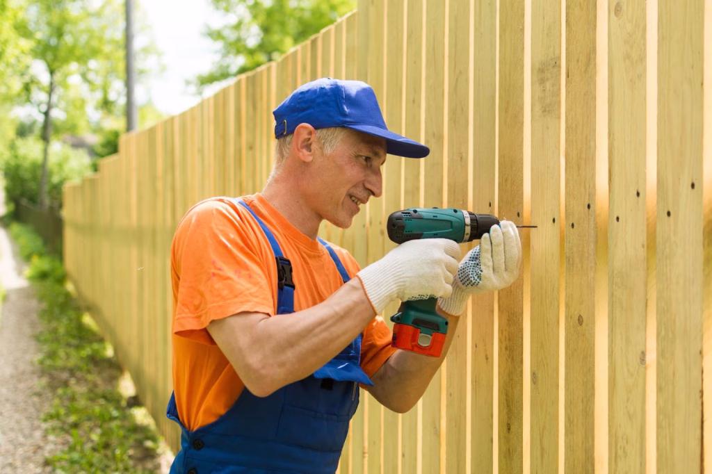 A contractor installing a fence