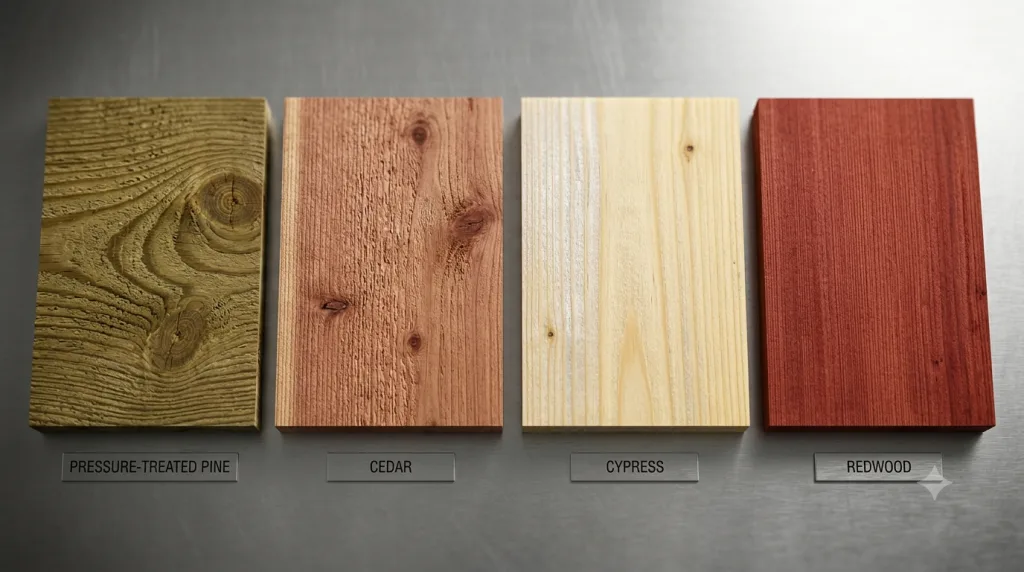 Illustration comparing common wood fence material types, including pressure-treated pine, cedar, cypress, and redwood samples with visible grain patterns.